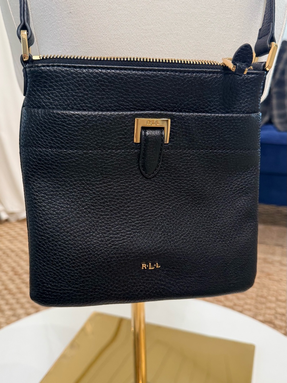 Lauren Ralph Lauren Black Pebbled Leather Crossbody Bag with Gold Hardware